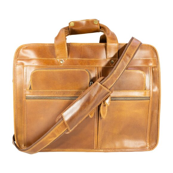 Men's Genuine Leather Vintage Weekender Bag, Briefcase Bag Satchel, Tan - Picture 14 of 15